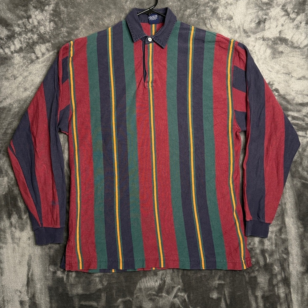 Stockton Mens XL Rugby Polo Shirt Long Sleeve Vertical Stripe Cotton Burgundy XL